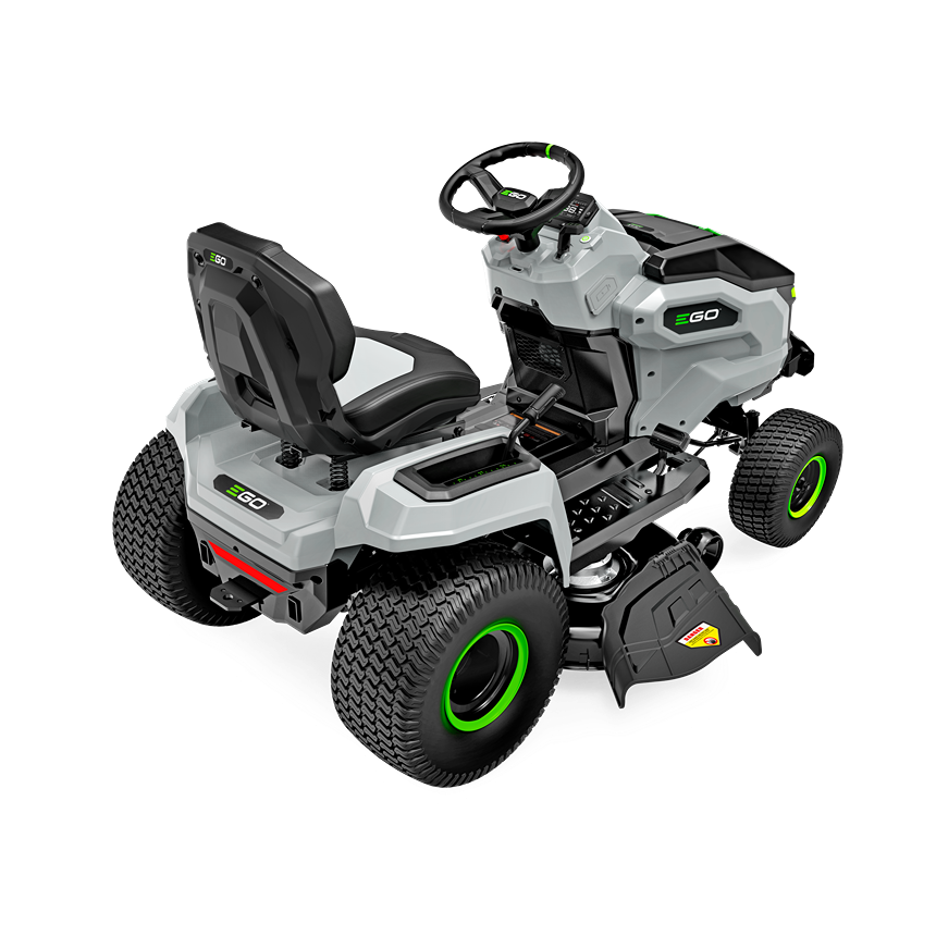 Rear angled view of EGO battery powered riding lawn tractor with green trim and 42-inch cutting deck for lawn care tools