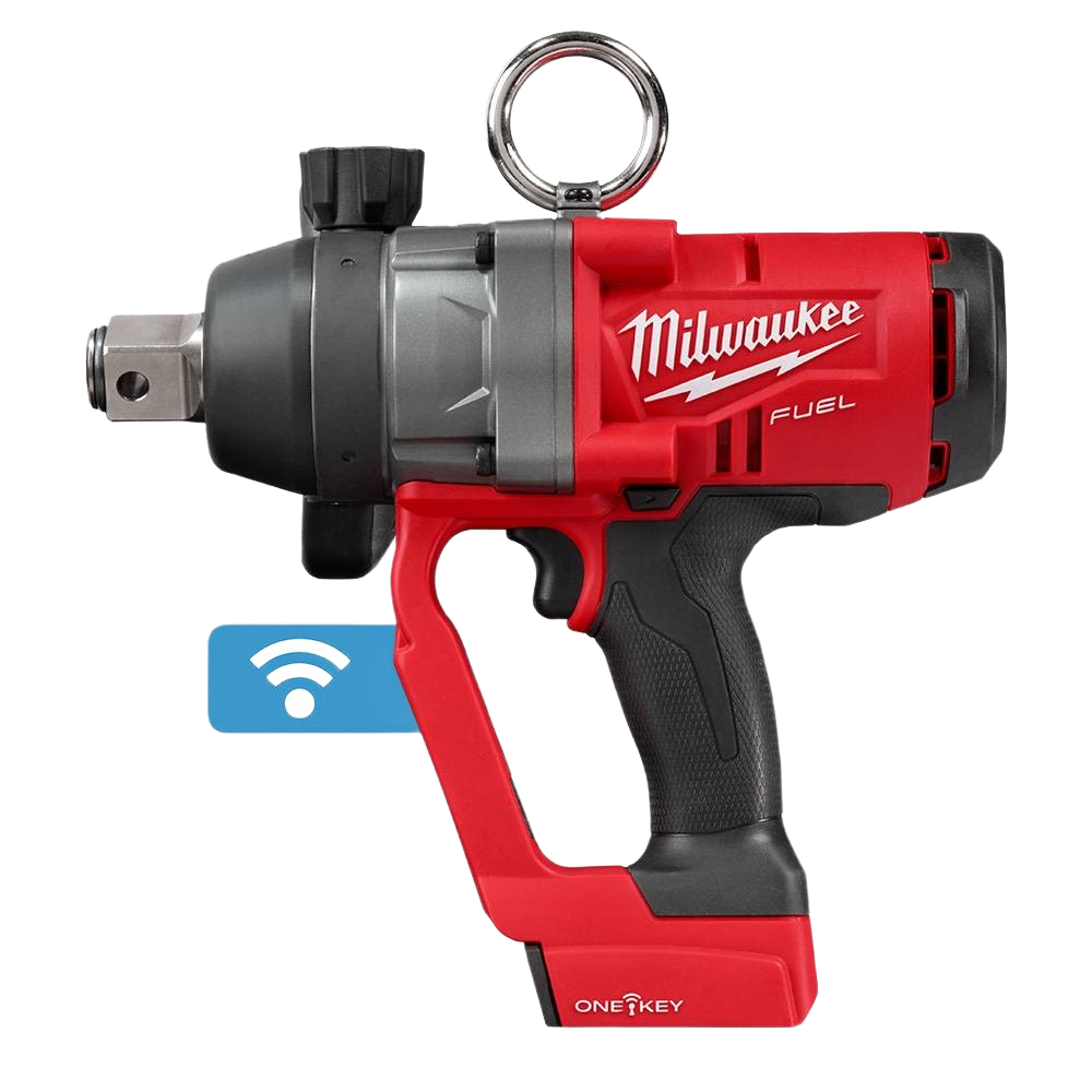 Red and black high torque cordless impact wrench with wireless connectivity for tools and home improvement use
