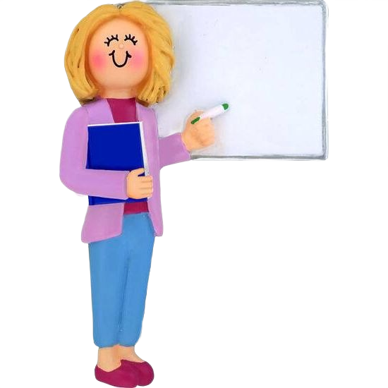 Blonde female teacher figurine in purple jacket holding blue book and marker by whiteboard for Christmas décor collection
