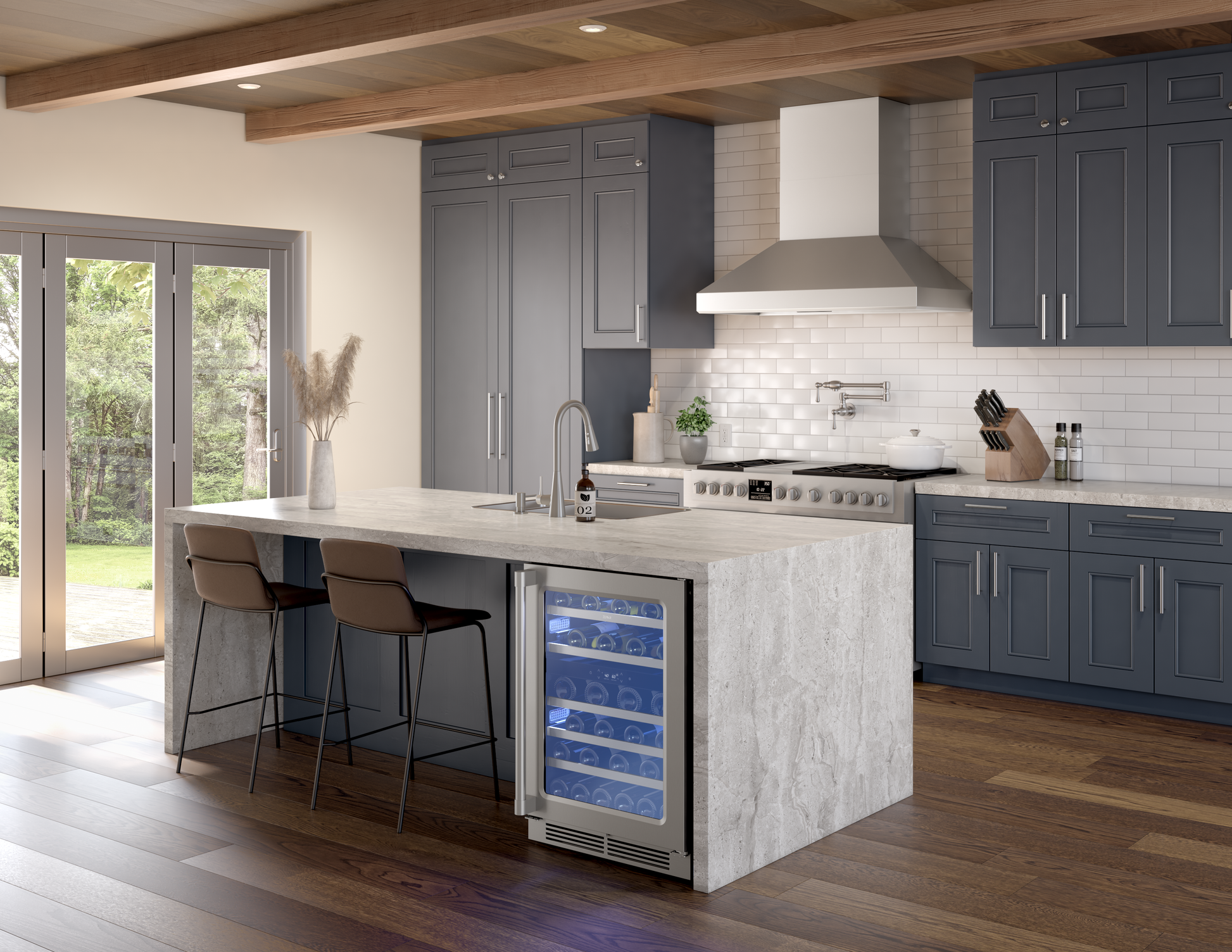 Contemporary kitchen with blue cabinetry, white subway tile backsplash, stainless steel range hood, and a marble island featuring a built-in wine cooler, ideal for Range Hoods, Kitchen & Kitchenware, and Appliances collections.