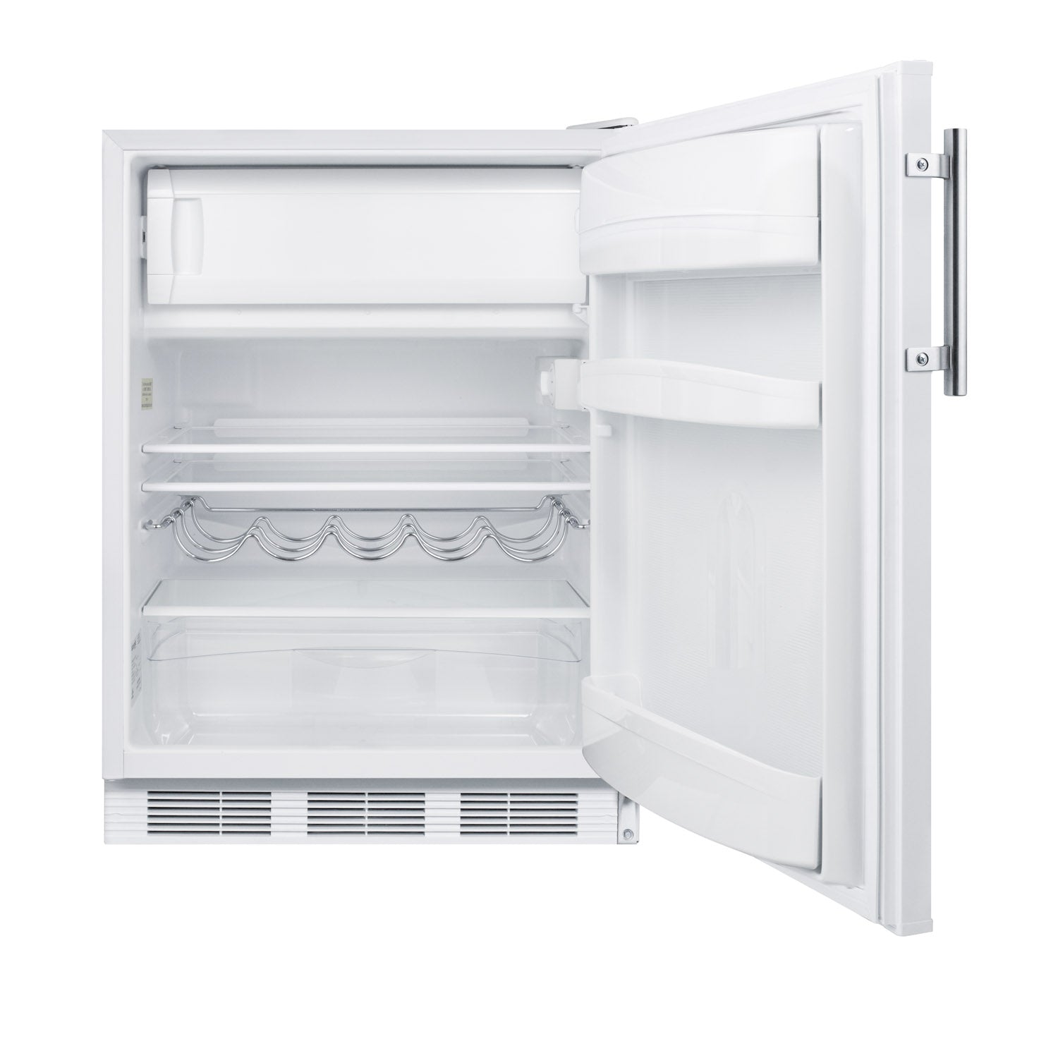 Open white 24-inch wide undercounter refrigerator-freezer with clear glass shelves and door storage compartments in appliances collection