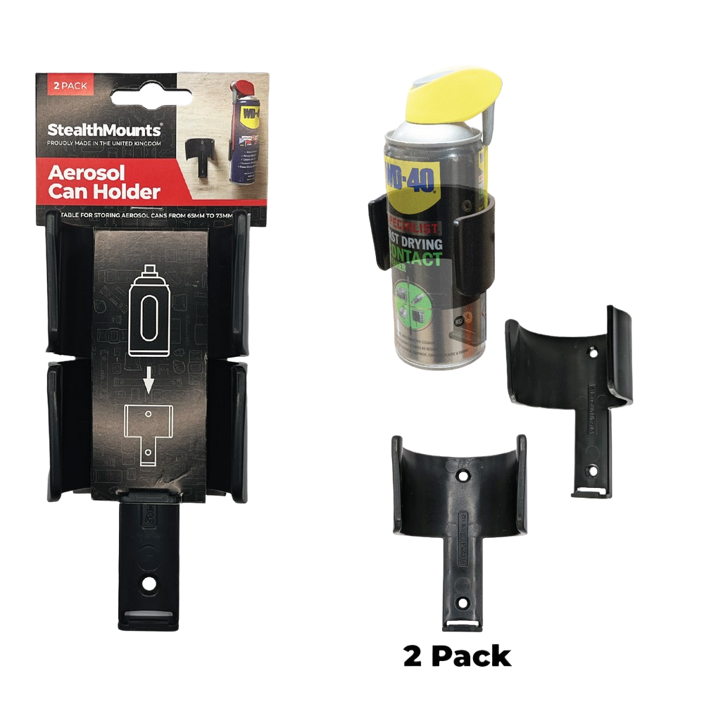 Two black aerosol can holders with mounting brackets for garage storage and organization solutions