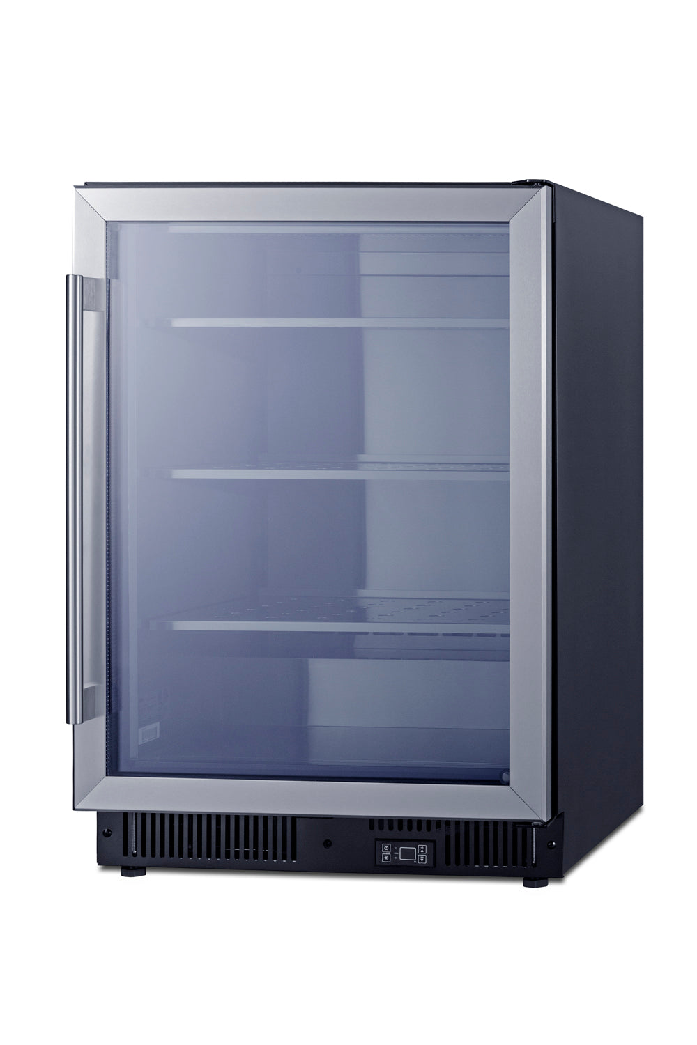 Commercial undercounter display freezer with glass door, adjustable shelves, and stainless steel trim for kitchen use