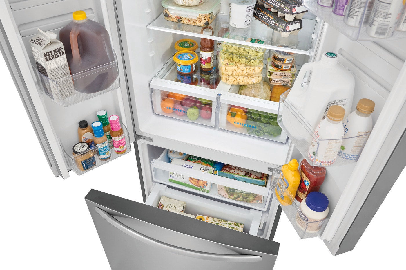 Open stainless steel French door refrigerator with organized fresh produce, beverages, and adjustable storage in kitchen appliance collection