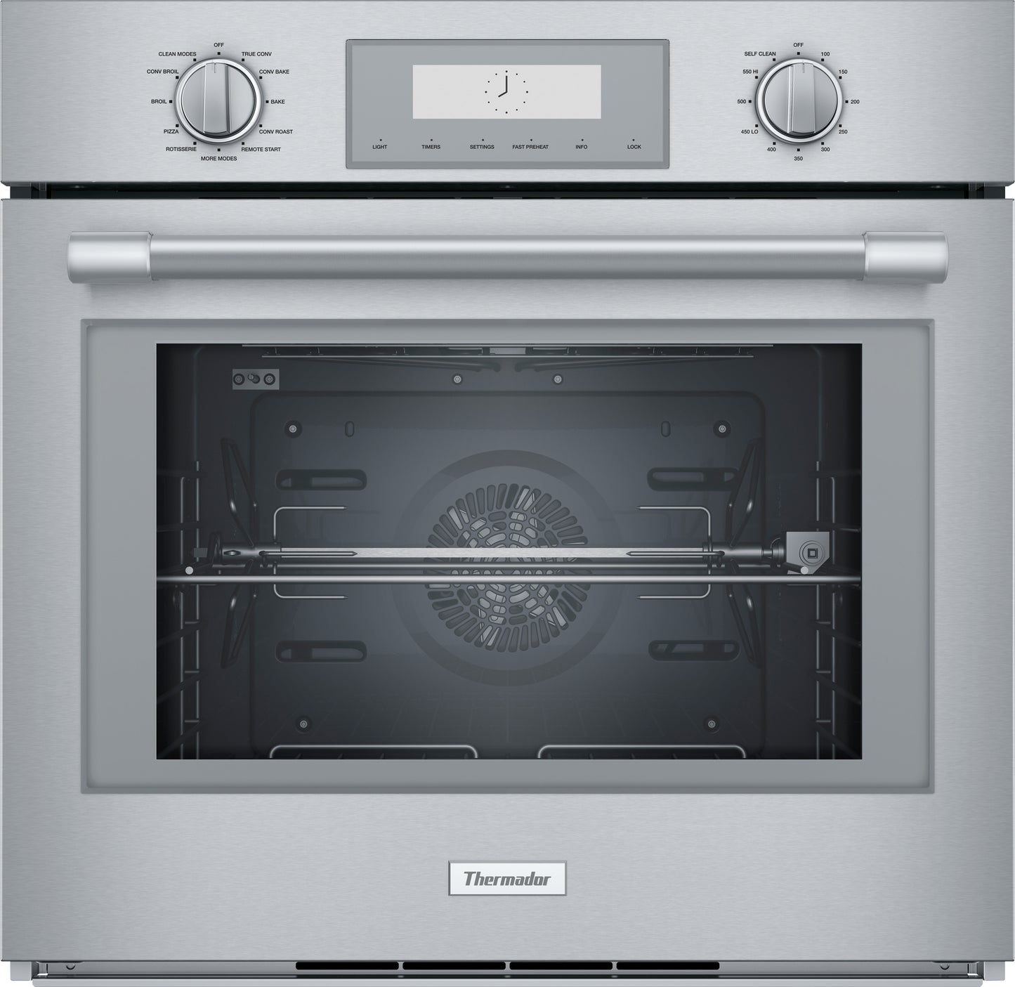 Front view of stainless steel single wall oven with dual control knobs and digital display for kitchen appliances collection