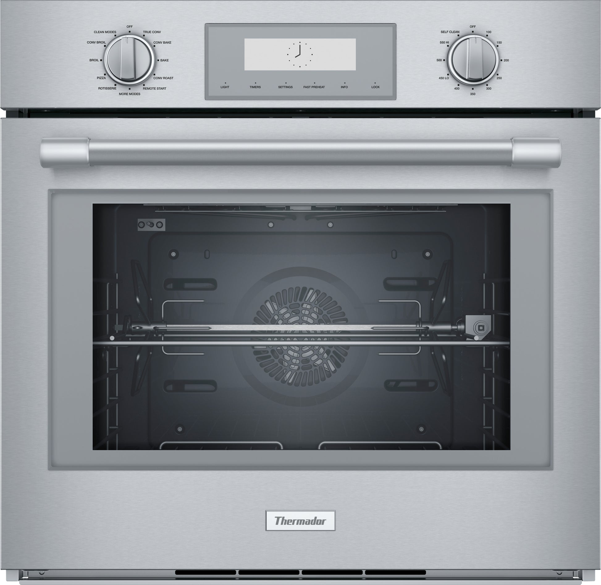 Front view of stainless steel single wall oven with dual control knobs and digital display for kitchen appliances collection