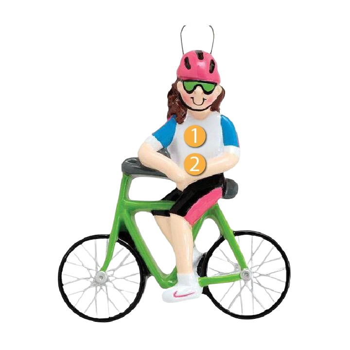 Hand-painted Christmas ornament of a girl in cycling gear on a green bike, part of Christmas Ornaments & Tree Decorations under $50 collection