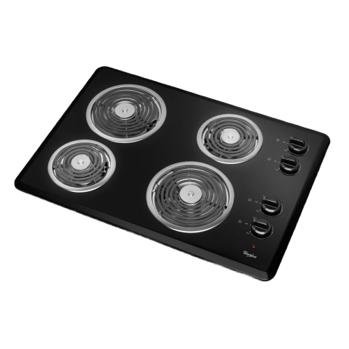 Black electric cooktop with four coil elements in two different sizes and four control knobs, part of Cooktops and Kitchen & Kitchenware collections.