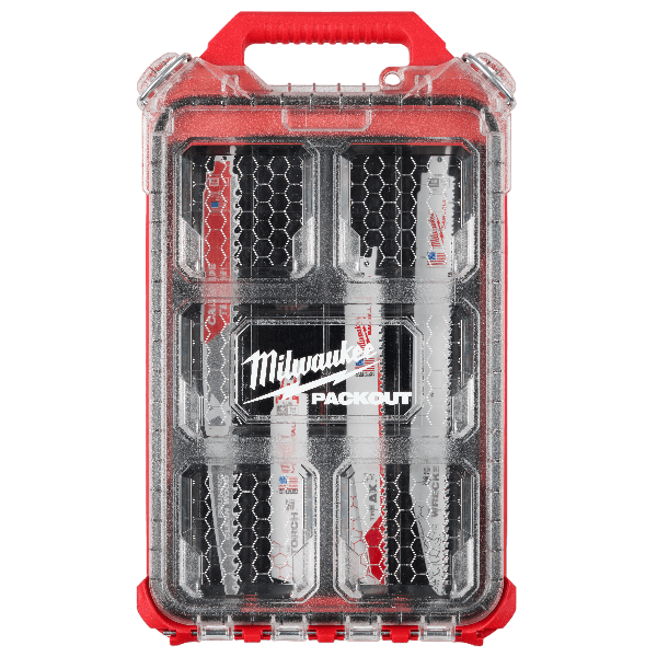 Red and clear hard plastic storage case containing 15 saw blades for woodworking and power tool accessories collections