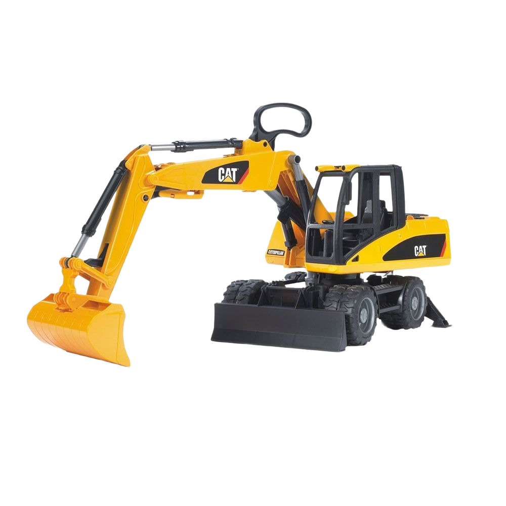Yellow and black toy wheel excavator model with detailed cab and movable arm for construction play and home improvement tools collection