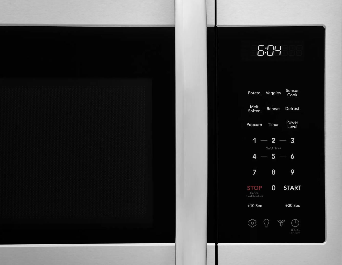 Digital control panel with sensor cook settings and LED clock display on stainless steel over-the-range microwave from Microwaves collection