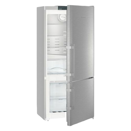 Freestanding stainless steel refrigerator freezer combo with bottom freezer and right hinge in kitchen appliances collection