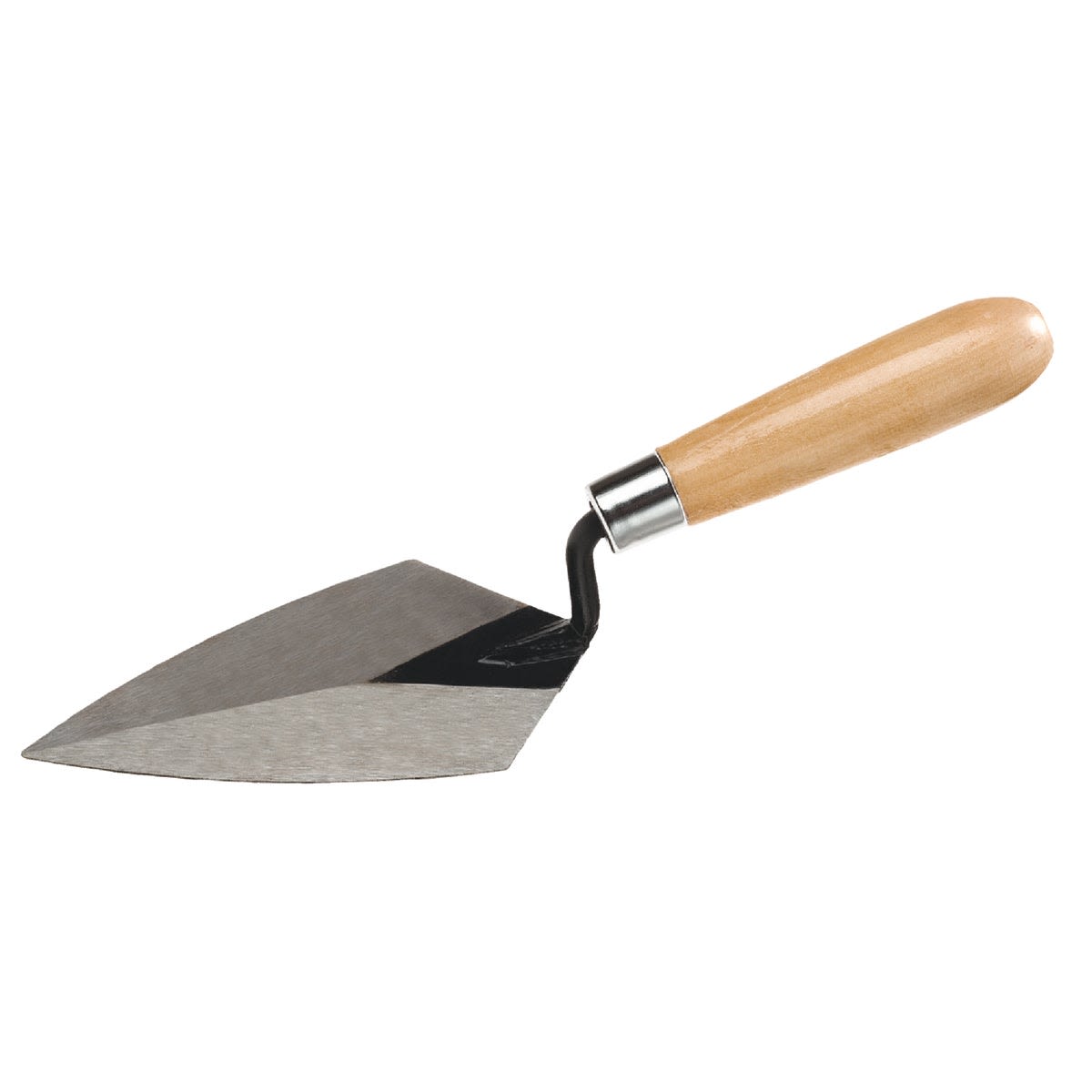 Pointing trowel with polished metal blade and polished wooden handle for precision masonry and home improvement tasks