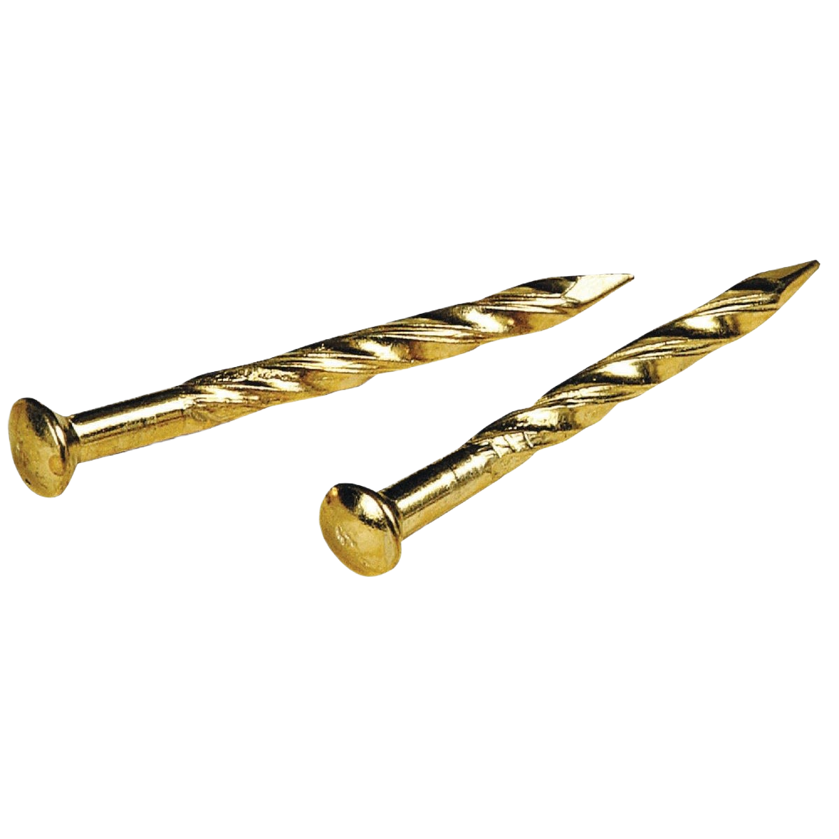 Pair of brass-plated trim nails with twisted shanks for secure fastening in hardware and fasteners collections under $50