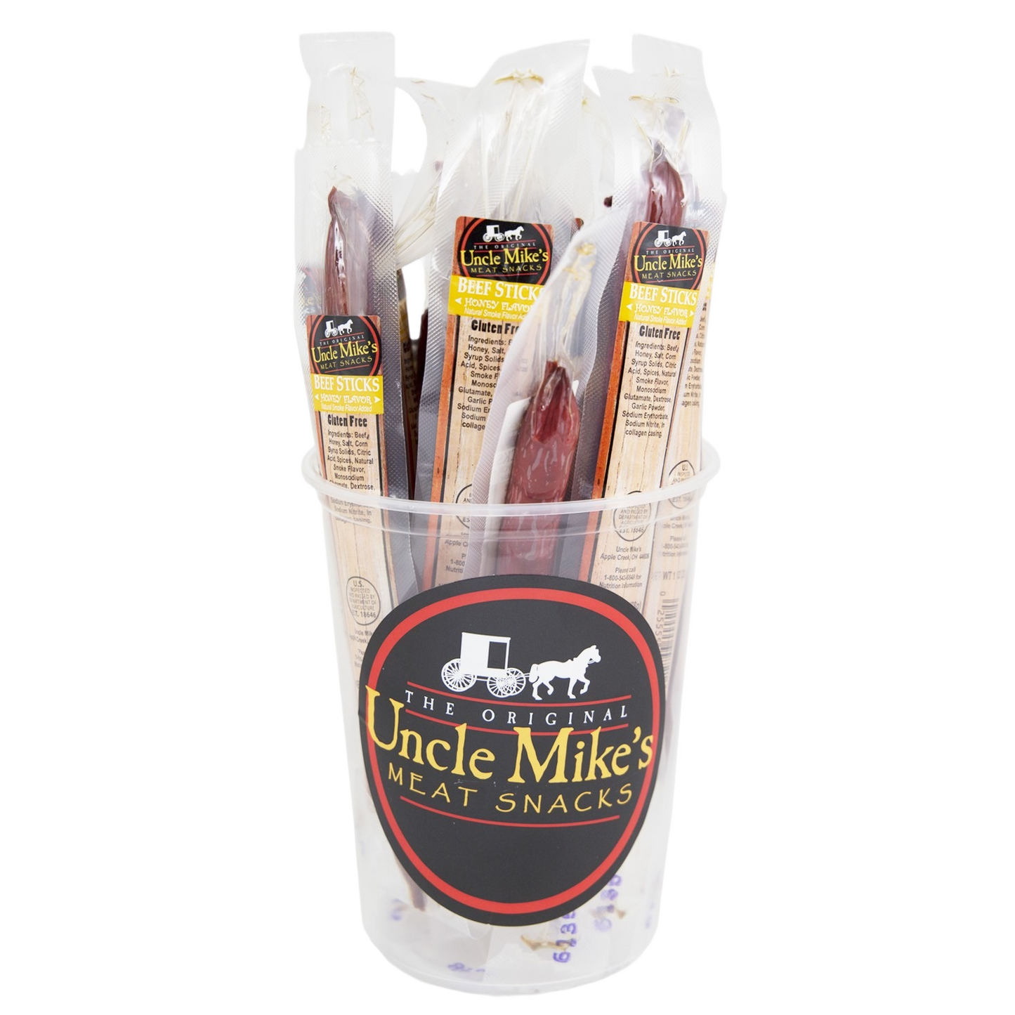 Clear cup filled with individually wrapped Uncle Mike’s honey flavored beef meat sticks in Chips & Snacks and Food & Beverage collections