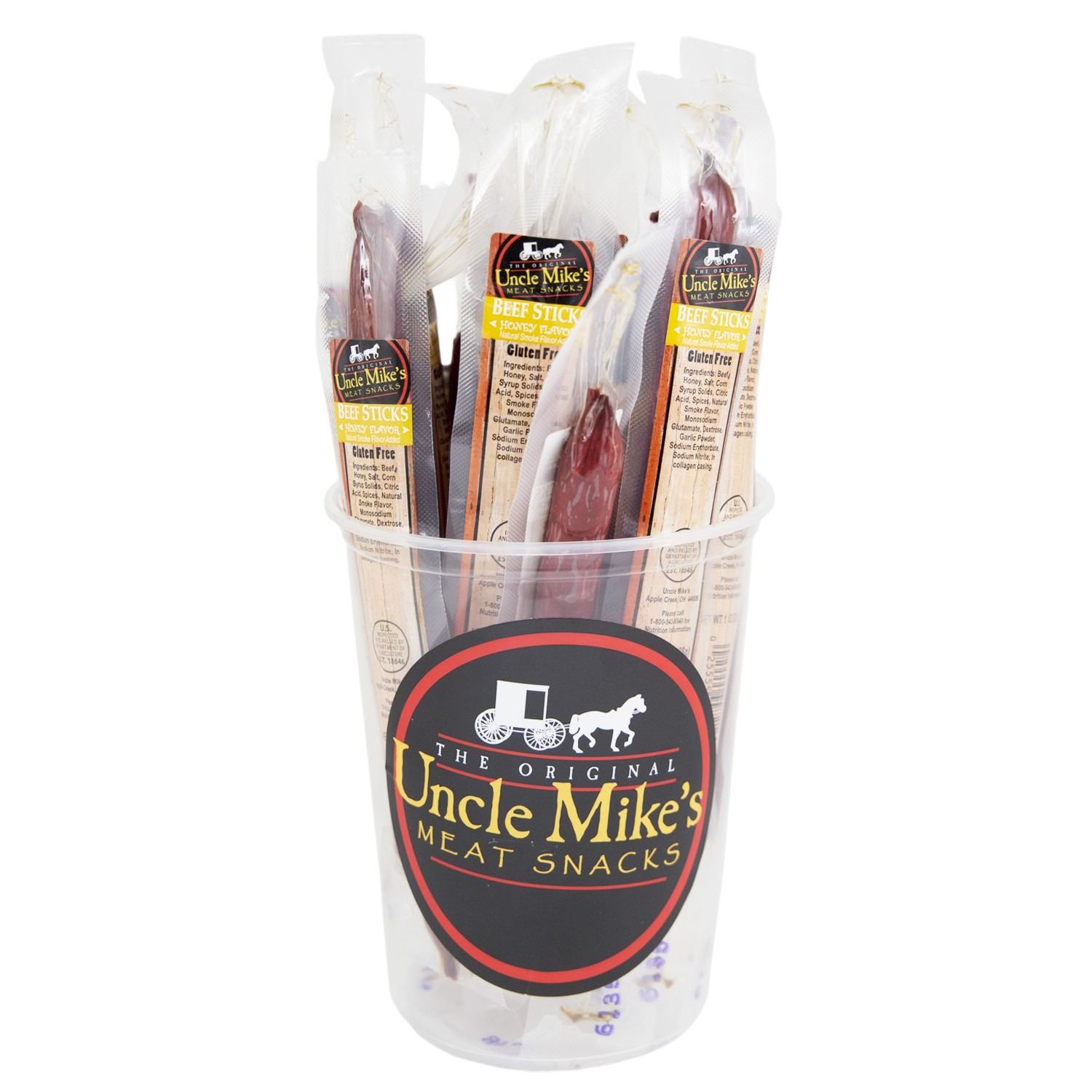 Clear cup filled with individually wrapped Uncle Mike’s honey flavored beef meat sticks in Chips & Snacks and Food & Beverage collections
