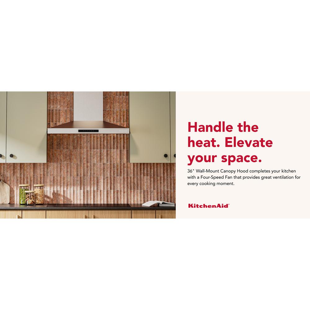 Stainless steel 36-inch wall-mount canopy hood with four-speed fan over stove in modern kitchen setting