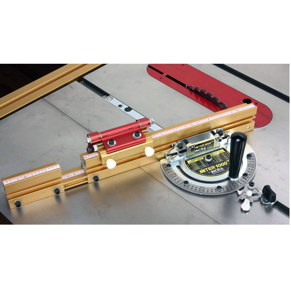 Precision miter gauge with angle locking and metric scale installed on a table saw for woodworking projects.