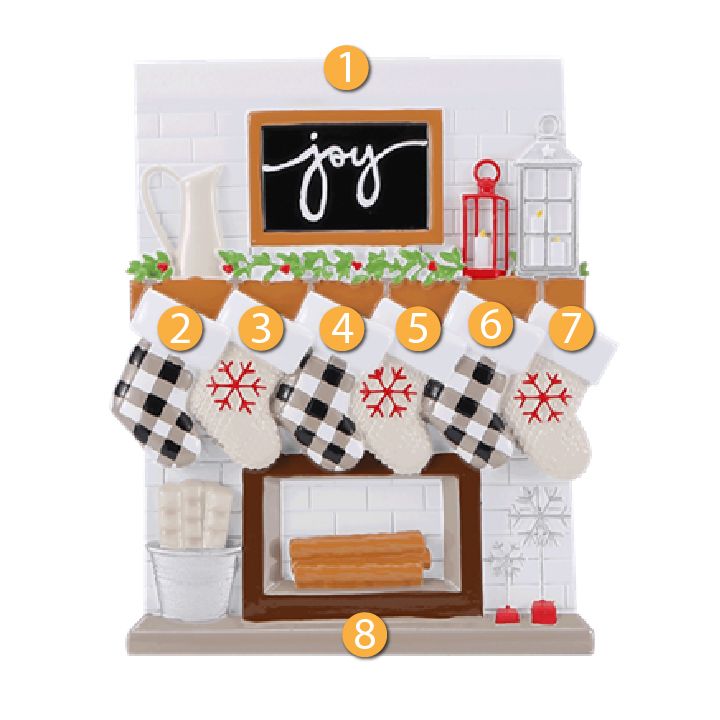 Cozy fireplace ornament with six personalized stockings in buffalo plaid and snowflake patterns, festive Christmas decor under $50
