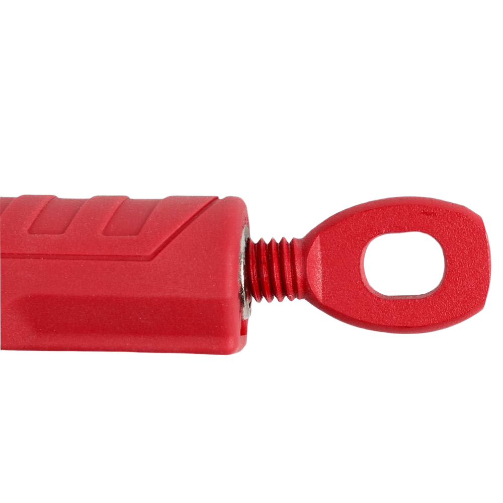Red textured grip handle end with a threaded metal connector for locking pliers used in home improvement tasks
