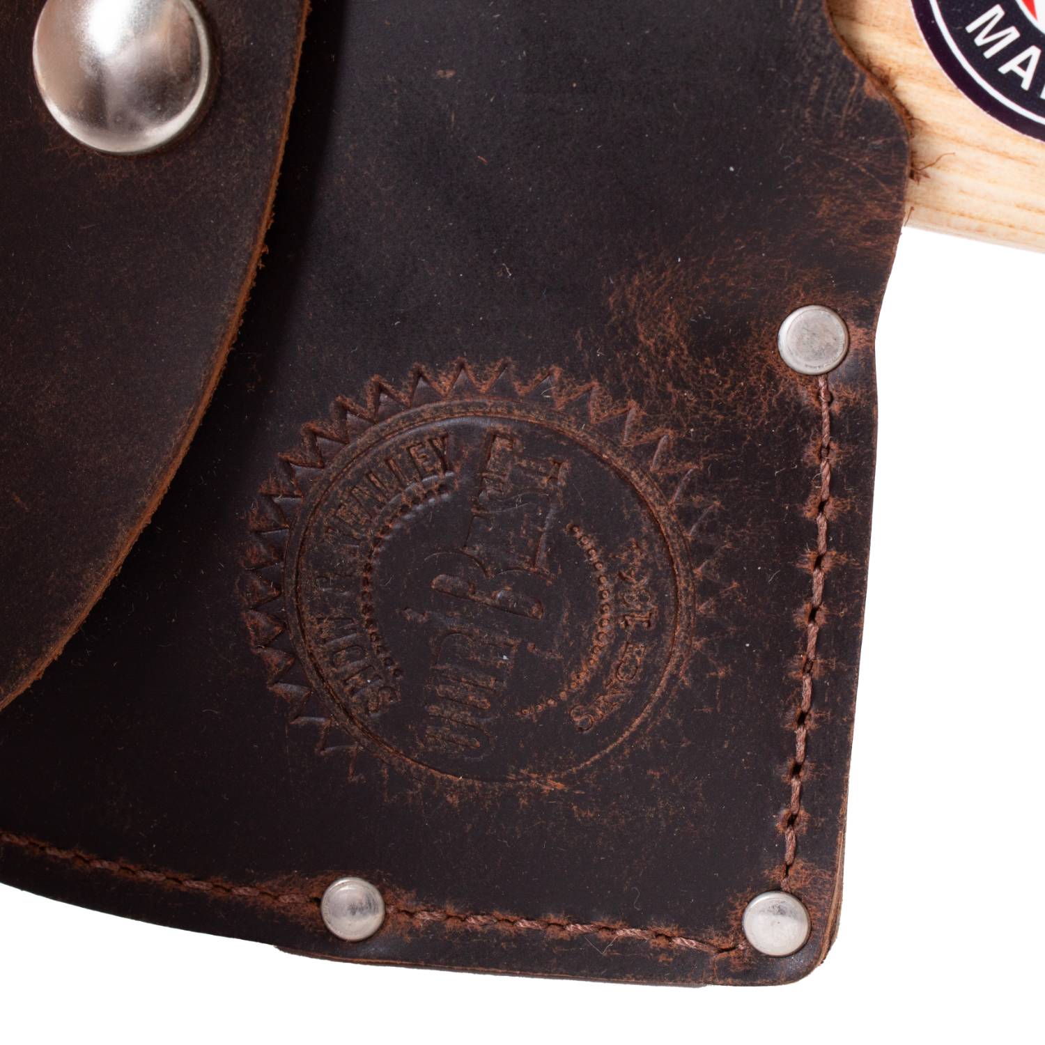 Dark brown leather sheath with metal rivets and embossed logo for tool accessories and home improvement collections