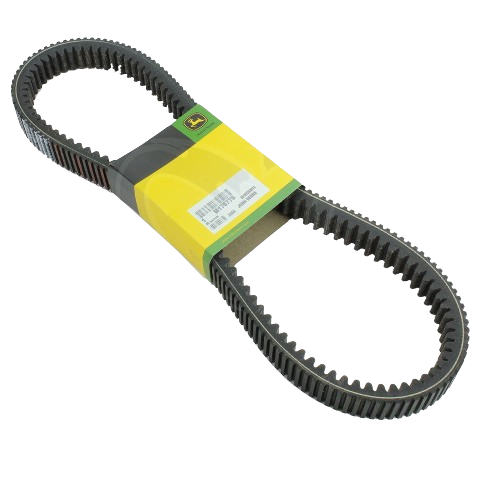 Black notched V-belt with yellow and green John Deere branded packaging for tools and home improvement use