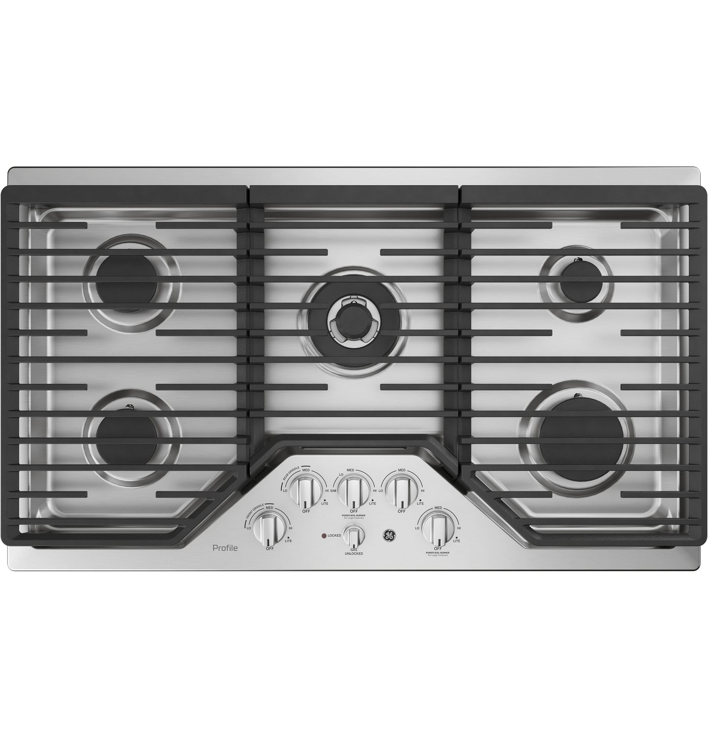 Built-in stainless steel gas cooktop with five burners, tri-ring design, integrated griddle, and front control knobs in cooktops collection