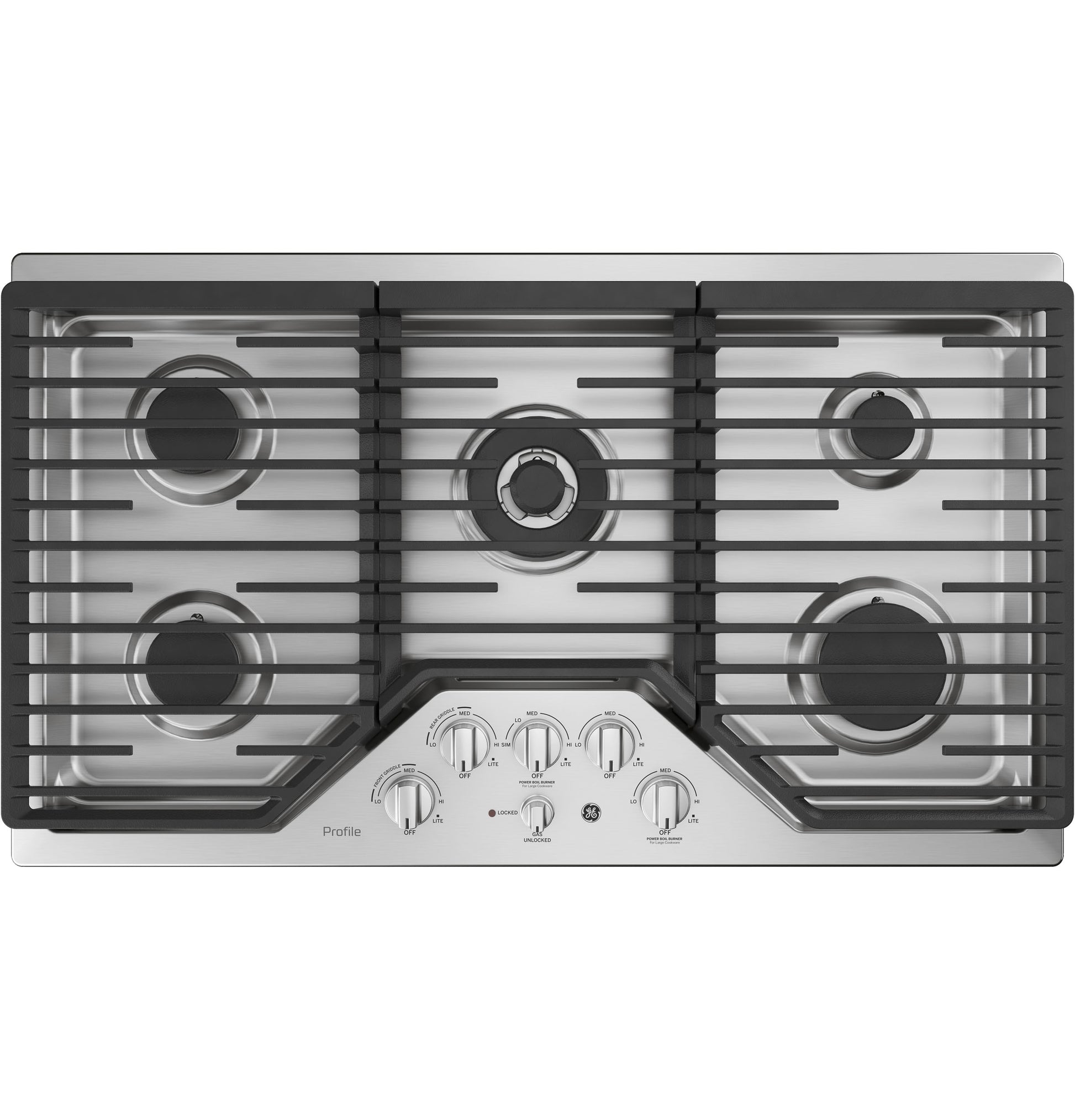 Built-in stainless steel gas cooktop with five burners, tri-ring design, integrated griddle, and front control knobs in cooktops collection