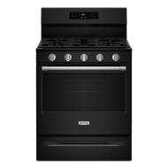 Black 30-inch gas range with five burners, control panel, and oven door for home improvement kitchen appliances.