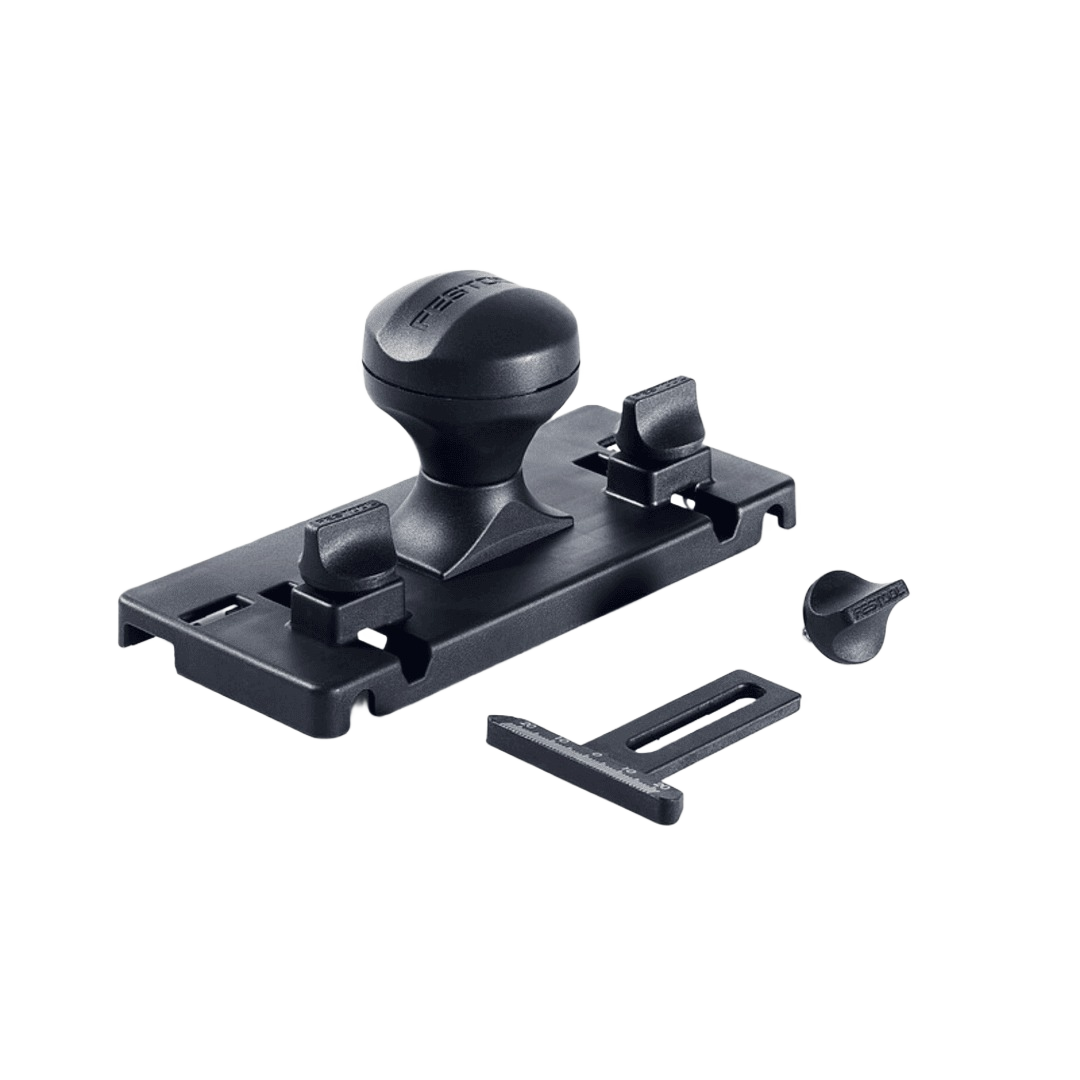 Black router guide stop with ergonomic knob and adjustable clamps for precise woodworking and home improvement projects