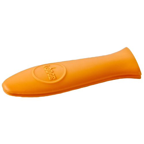 Orange silicone handle holder with embossed logo for heat protection in kitchen and home improvement tools use