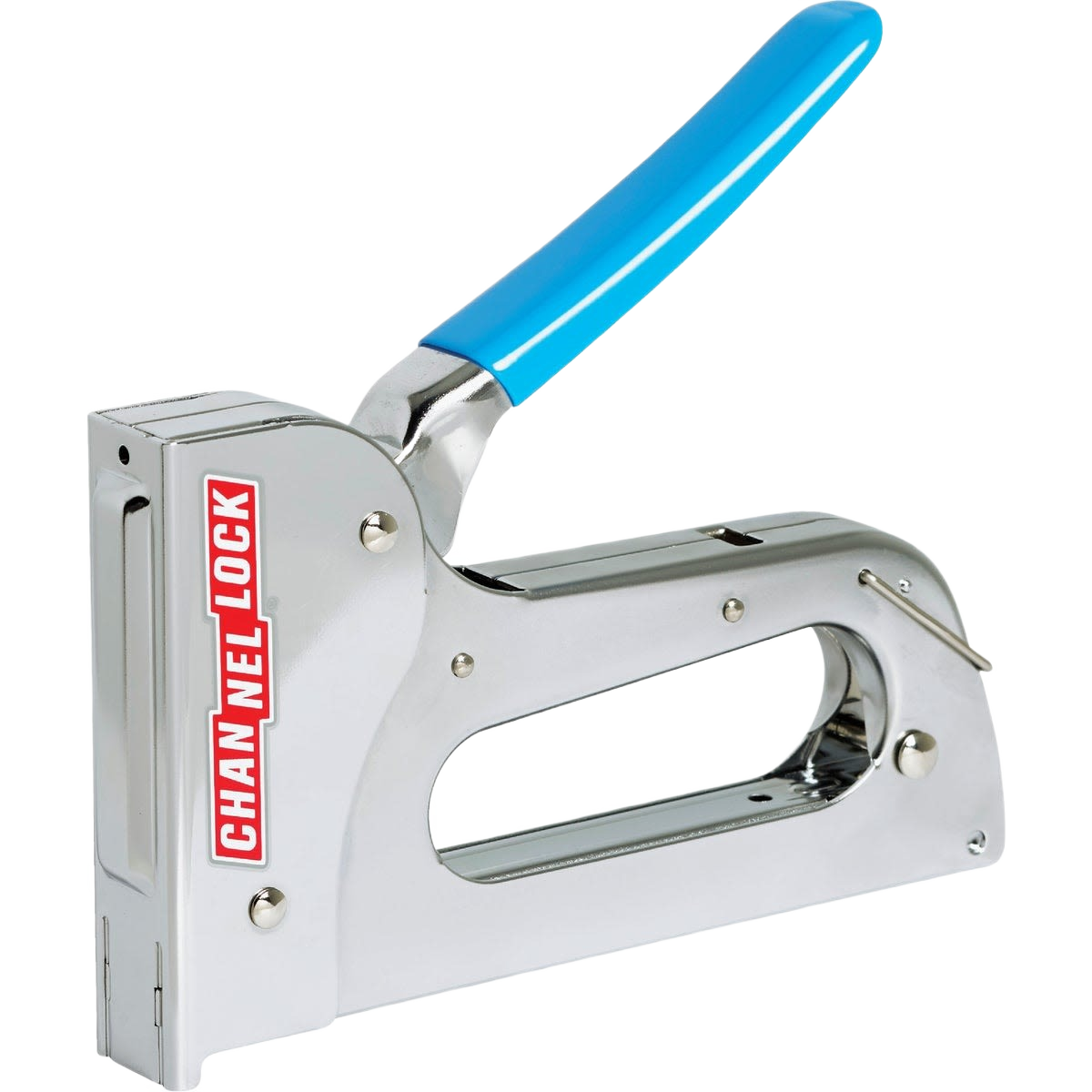Light-duty metal staple gun with blue handle designed for home improvement and general tool use