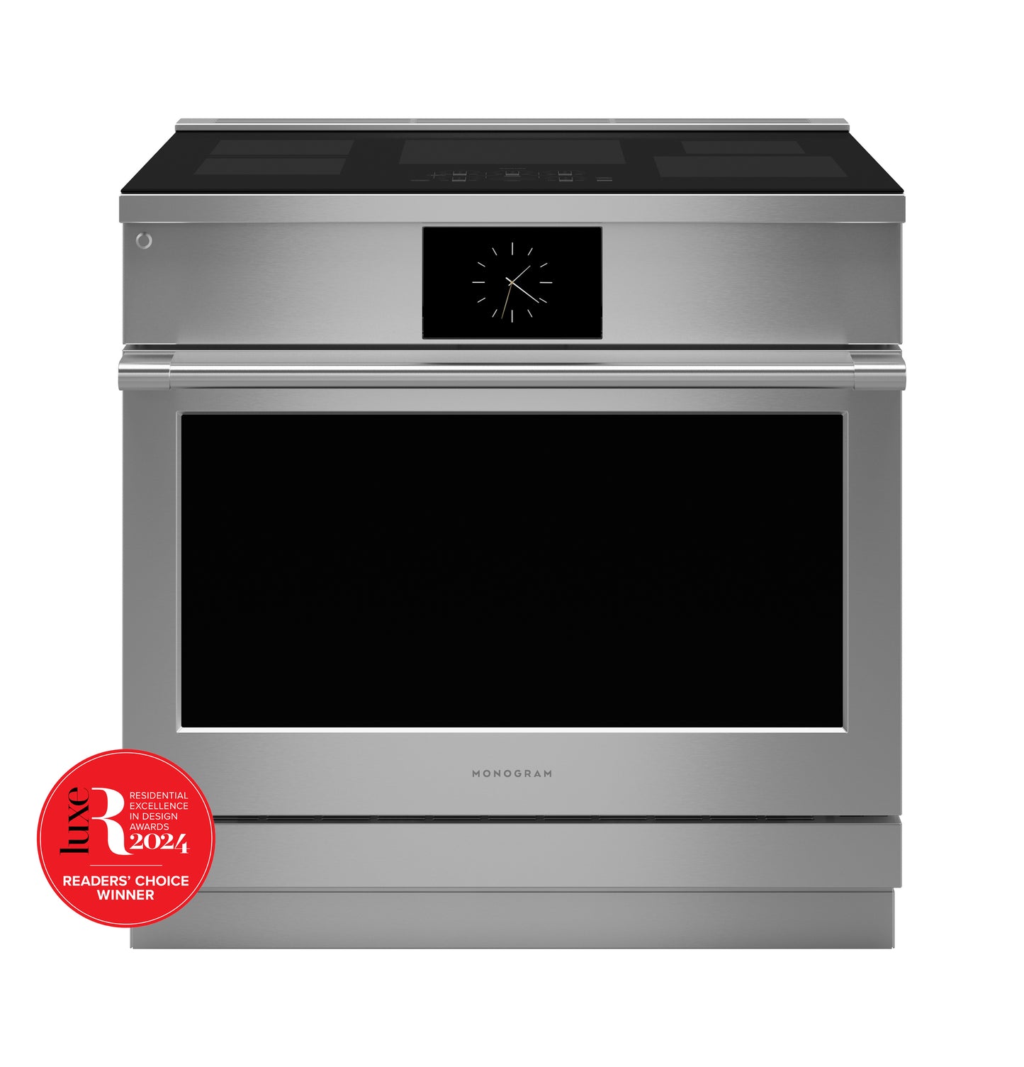 Front view of stainless steel induction professional range with touchscreen clock and smooth cooktop in kitchen appliances collection