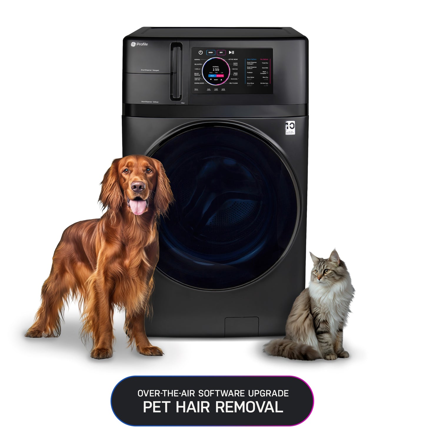 Black front-load washer dryer combo with digital touchscreen and pet hair removal feature in appliance laundry centers collection