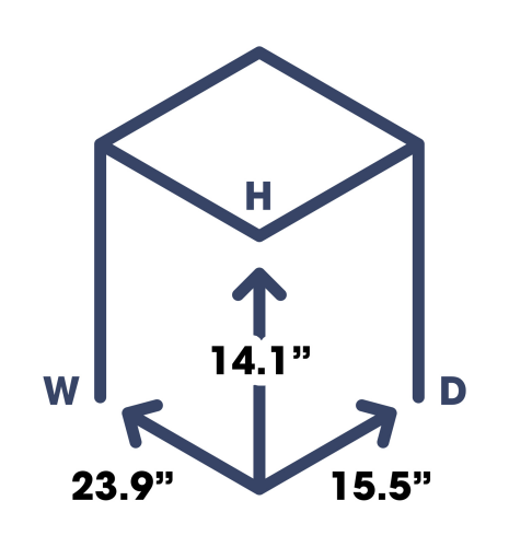 Diagram showing height, width, and depth dimensions of a rectangular box with measurements 14.1", 23.9", and 15.5" in kitchenware collection