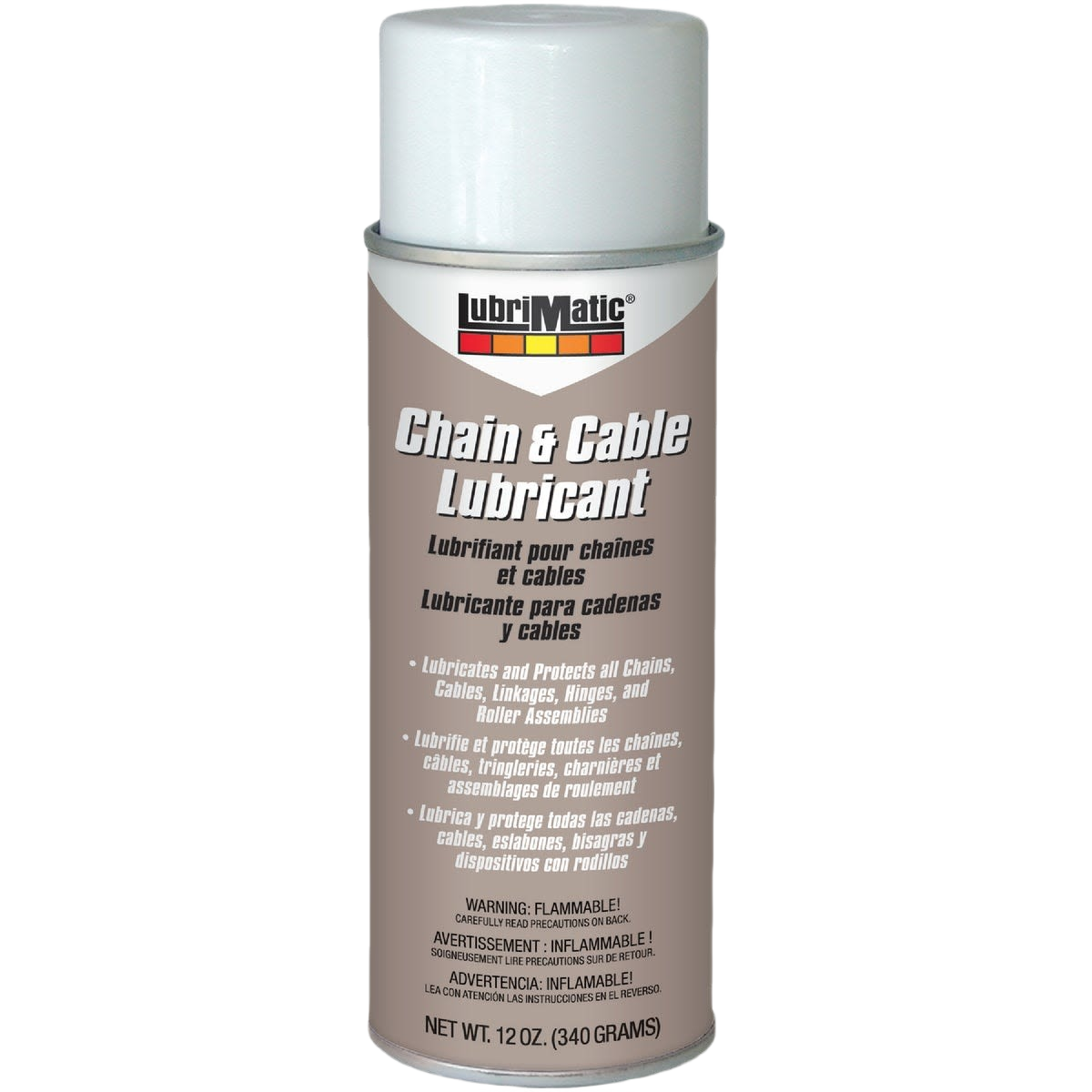 Aerosol can of Lubrimatic lubricant for chains, cables, and mechanical linkages in home improvement tasks