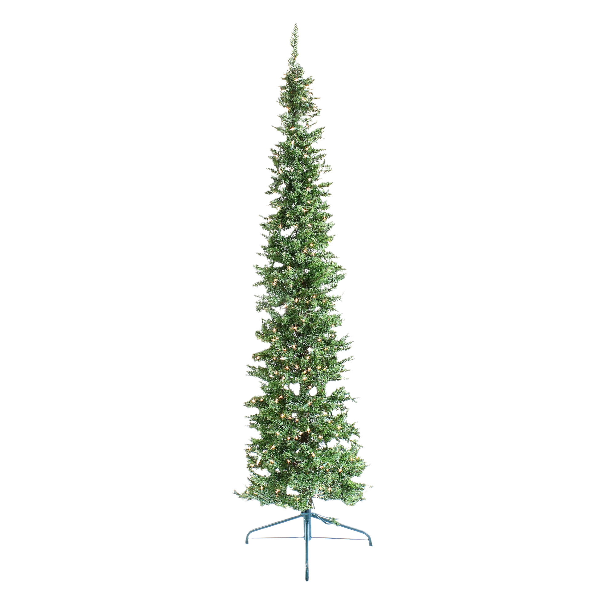Slim artificial spruce Christmas tree with clear incandescent lights, ideal for holiday decor in Christmas and home collections