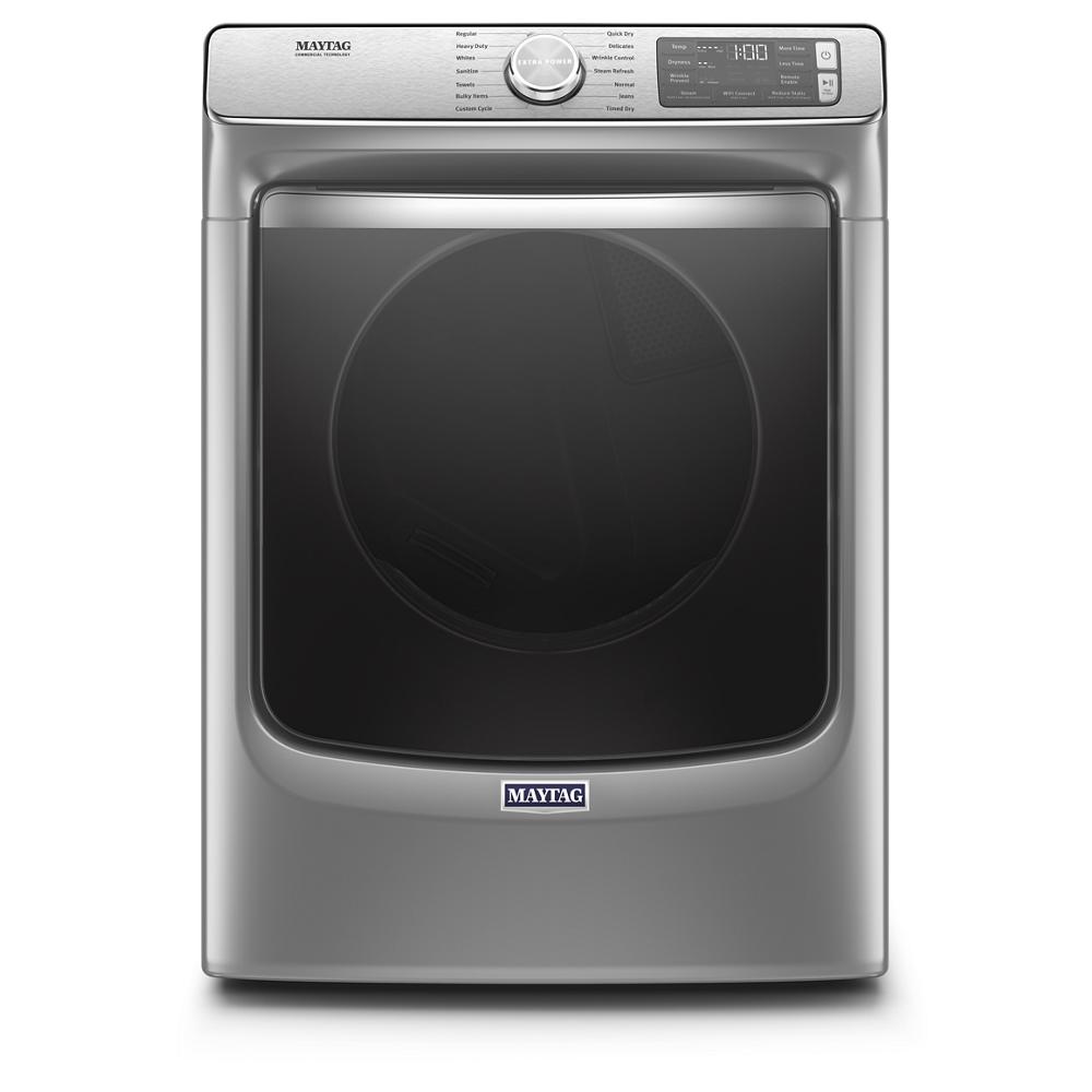 Front view of a sleek stainless steel electric front load dryer with digital controls from the Dryers collection