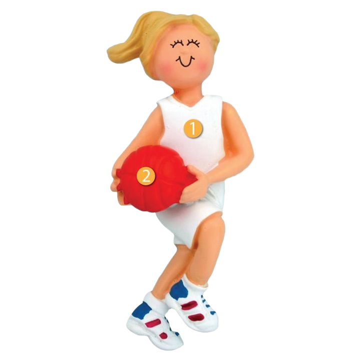 Blonde female basketball player figurine in white uniform holding red ball from Christmas Ornaments & Tree Decorations collection