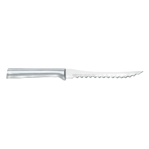 Serrated tomato slicer with a solid aluminum handle, designed for Kitchenware, Kitchen Utensils, and Cooking Utensils collections under $50.