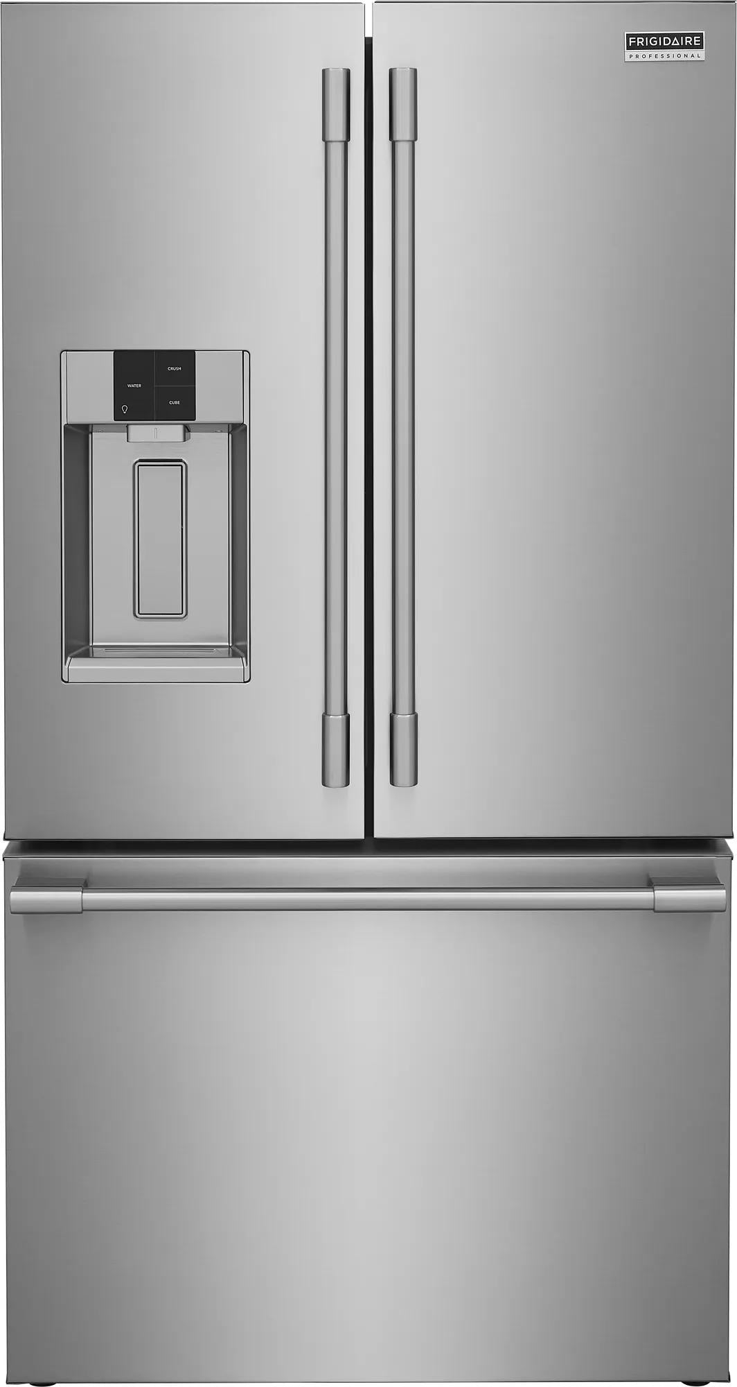 Stainless steel French door refrigerator with external water dispenser and bottom freezer in kitchen appliances collection