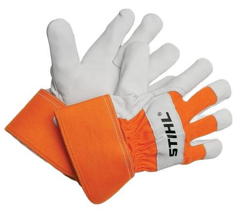 Pair of heavy duty work gloves with orange canvas cuffs and white leather palms for durable tool use in home improvement tasks