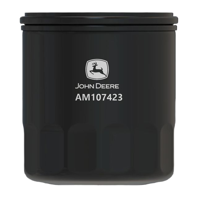Black cylindrical engine oil filter with John Deere logo and model number for tools and home improvement use