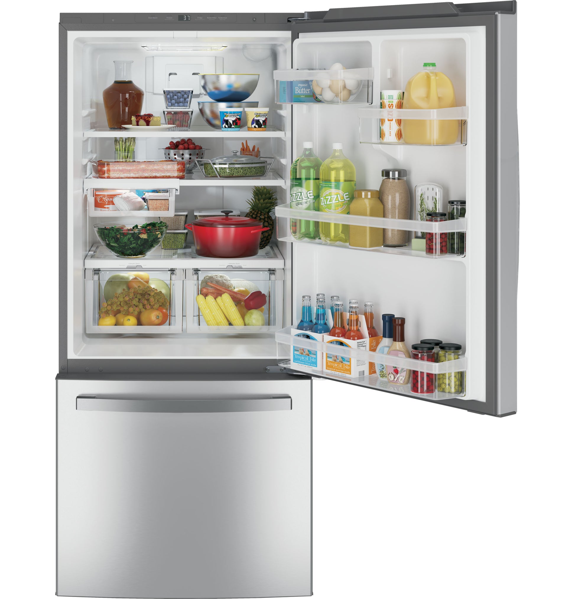 Stainless steel bottom-freezer refrigerator open with adjustable shelves stocked with food and beverages from Appliances collections
