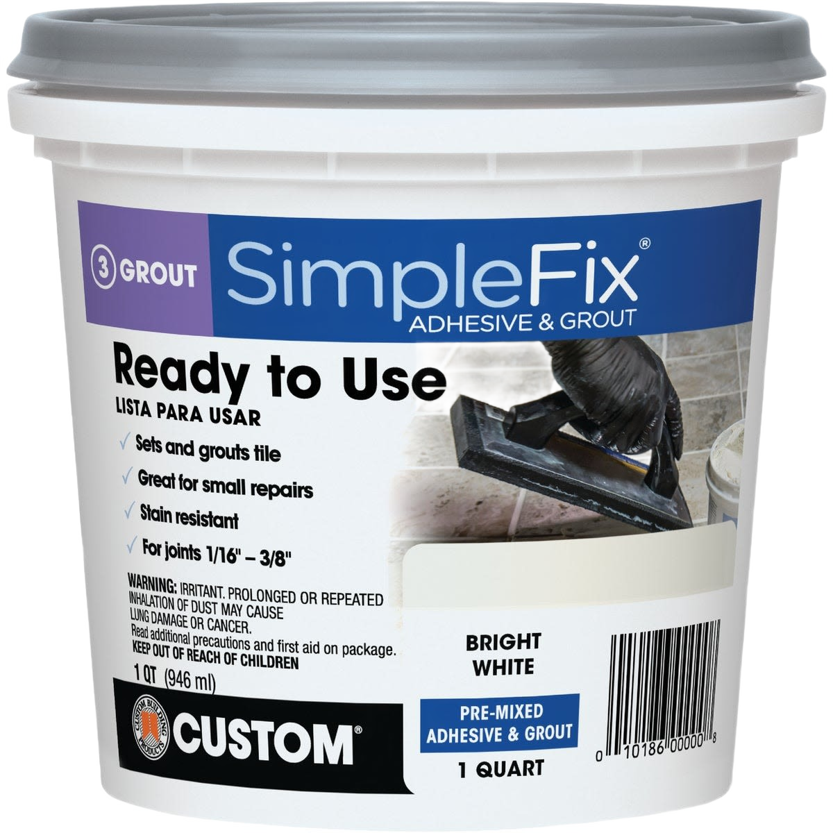1 quart container of pre-mixed bright white adhesive and grout for home improvement and repairs