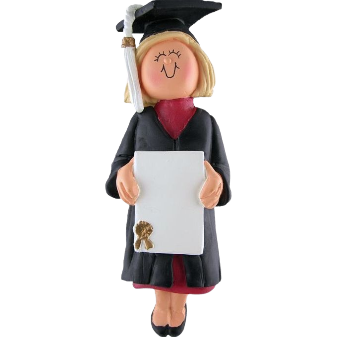 Blonde female graduate figurine ornament wearing cap and gown holding blank diploma from Christmas tree decoration collection