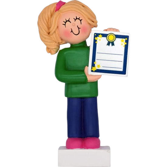 Blonde female child figurine in green sweater holding award plaque for Christmas Ornaments & Tree Decorations collection