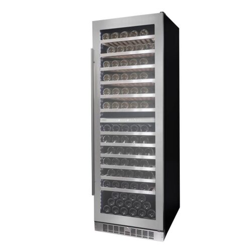 Tall black and stainless steel wine cooler with glass door, stable shelves, and tip-free technology in Refrigerators and Appliances collections