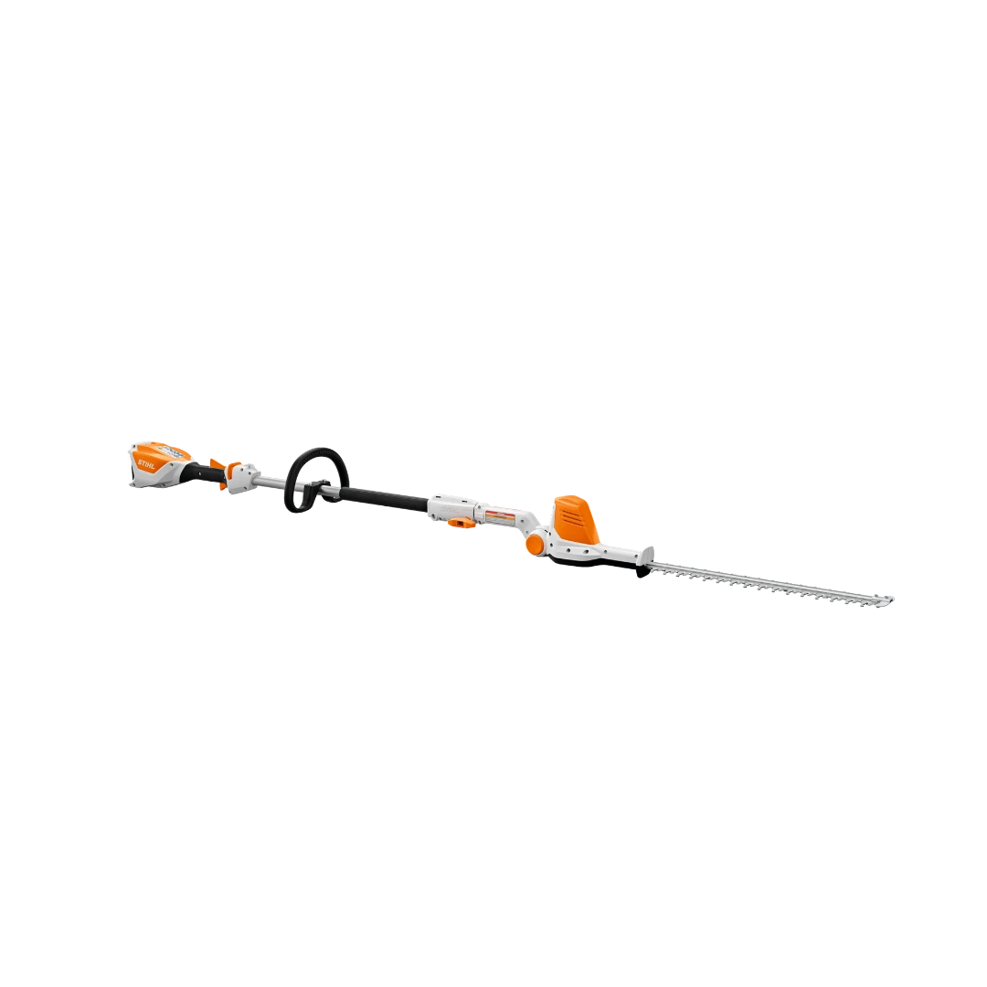 Long-reach battery-powered hedge trimmer with ergonomic handle and angled cutting blades for home improvement tasks