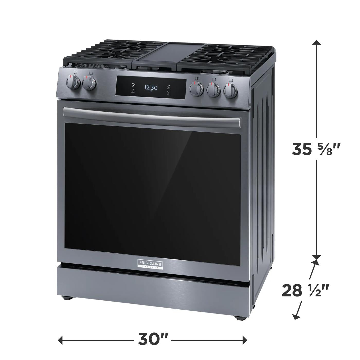 30-inch stainless steel gas range with front controls, convection oven, and six burner cooktop for kitchen appliances